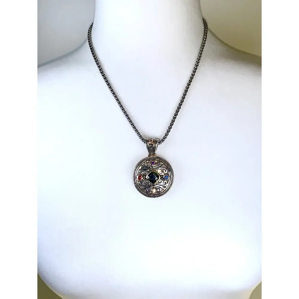 Silver Tone Round Crystal Gemstone Locket Style Scroll Pendant Necklace